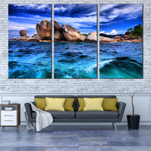 Load image into Gallery viewer, Tempest Ocean Canvas Wall Art Blue Cloudy Sky  3 Piece Canvas Brown Ocean Rocks Canvas Print In Living Room
