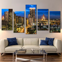 Load image into Gallery viewer, Thailand City Canvas Wall Art Blue Sky City Lights Multiple Canvas Bangkok Brown City Night View 5 Piece Canvas Print In Living room
