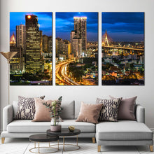 Load image into Gallery viewer, Thailand Cityscape Canvas Wall Art Bankok Yellow City Lights 3 Piece Canvas Print Beautiful Blue Sky City Multi Canvas Artwork In Living Room
