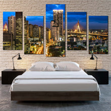 Load image into Gallery viewer, Thailand Cityscape Canvas Wall Art Bangkok Yellow City Lights 5 Piece Canvas Print Beautiful Blue Sky City Multi Canvas Artwork For Your Bedroom
