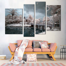 Load image into Gallery viewer, Thailand Bridge Canvas Wall Art Beautiful White Trees Scenery Canvas Print Wat Chalerm Grey River  4 Piece Canvas Set 
