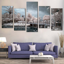 Load image into Gallery viewer, Thailand Bridge Canvas Wall Art Beautiful White Trees Scenery Canvas Print Wat Chalerm Grey River  5 Piece Canvas Set In Your Living Room
