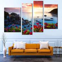 Load image into Gallery viewer, Thailand Mountains Canvas Wall Art Koh Samui Yellow Cloudy Sunset Multi Canvas Blue Tranquil Beach  4 Piece Canvas Print Red Flowers Ocean Mountains Rocks Canvas Set 
