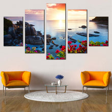 Load image into Gallery viewer, Thailand  Mountains  Canvas  Wall  Art  Koh  Samui  Yellow  Cloudy  Sunset  Multi  Canvas  Blue  Tranquil  Beach    5  Piece  Canvas  Print  Red  Flowers  Ocean  Mountains  Rocks  Canvas  Set In Living Room
