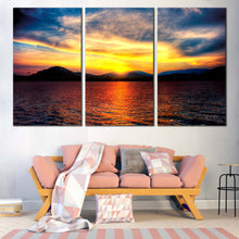 Load image into Gallery viewer, Thailand Ocean Canvas Wall Art Ocean Mountains  3 Piece Canvas Print Yellow Orange Sunset Clouds Triptych Multi Canvas Artwork For Living Room
