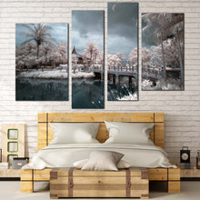 Load image into Gallery viewer, Thailand Temple Canvas Wall Art White Trees Scenery  4 Piece CanvasPrint Grey Cloudy Sky Canvas Artwork Wat Chalerm River Bridge Multiple Canvas 
