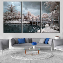 Load image into Gallery viewer, Thailand Temple Canvas Wall Art White Trees Scenery  3 Piece Canvas Print Grey Cloudy Sky Multi Canvas Artwork Wat Chalerm River Bridge Multiple Canvas In Living room
