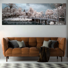 Load image into Gallery viewer, Thailand  Temple  Canvas  Wall  Art  White  Trees  Scenery  Living  Room  Panoramic  Canvas  Print  Grey  Cloudy  Sky  Canvas  Artwork  Wat  Chalerm  River  Bridge  Wide  Canvas In Living Room
