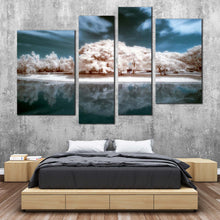 Load image into Gallery viewer, Thailand Trees Canvas Wall Art Beautiful Blue Cloudy Sky Mutiple Canvas White Tress Water Reflection 4 Piece Canvas 
