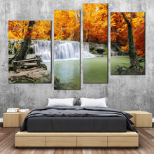 Load image into Gallery viewer, Thailand Waterfall Canvas Wall Art Green Lake River  4 Piece Canvas Print Orange Autumn Trees Forest Waterfall Canvas 
