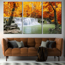 Load image into Gallery viewer, Thailand Waterfall Canvas Wall Art Green Lake River  3 Piece Canvas Print Orange Autumn Trees Forest Waterfall Canvas For Living Room
