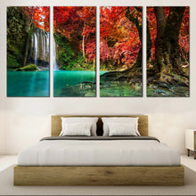 Load image into Gallery viewer, Thailand Waterfall Canvas Wall Art Green Red Autumn Trees Forest 4 Piece Multiple Canvas White Erawan Waterfall National Park Canvas Print For Bedroom
