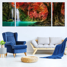 Load image into Gallery viewer, Thailand  Waterfall  Canvas  Wall  Art  Green  Red  Autumn  Trees  Forest 3  Piece  Multi  Canvas  Artwork  White  Erawan  Waterfall  National  Park  Canvas  Print For Living Room
