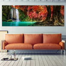 Load image into Gallery viewer, Thailand  Waterfall  Canvas  Wall  Art  Green  Red  Autumn  Trees  Forest  Living  Room  Panoramic  Canvas  Artwork  White  Erawan  Waterfall  National  Park  Canvas  Print In Living Room
