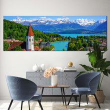 Load image into Gallery viewer, Thun City Canvas Wall Art Switzerland Blue Lake Thun 1 Piece Canvas Wall Art White Snow Covered Mountain Canvas Artwork For Living Room
