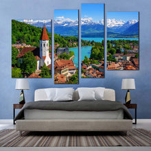 Load image into Gallery viewer, Thun City Canvas Wall Art Switzerland Blue Lake Thun 4 Piece Canvas Wall Art White Snow Covered Mountain Multi Canvas Artwork
