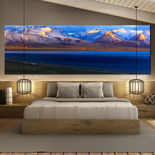 Load image into Gallery viewer, Tibet Sunrise Canvas Wall Art China Blue Namtso Mountain Lake Canvas Print Yellow Sunrise Snowy Ocean Mountains 1 Piece Wide Canvas For Bedroom
