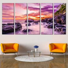 Load image into Gallery viewer, Tokoriki Island Canvas Wall Art Purple Matamanoa Beach Canvas Print Fiji Ocean Canvas Set Orange Ocean Rocks  5 Piece Canvas In Living Room
