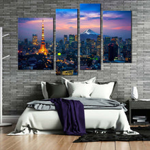 Load image into Gallery viewer, Tokyo Cityscape Canvas Wall Art Fuji Mountain in Japan Canvas Artwork Purple Blue City Aerial View 4 Piece Canvas Print
