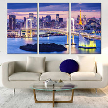 Load image into Gallery viewer, Tokyo Bay Bridge at night 3 piece canvas print In Living room
