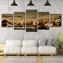 Load image into Gallery viewer, Tower Bridge Canvas Wall Art Brown Cityscape Split Canvas Yellow Lights City Bridge  5 Piece Canvas Print In Living Room
