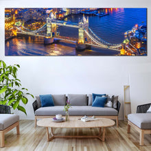 Load image into Gallery viewer, Tower  Bridge  Canvas  Wall  Art  England  Blue  River  Thames  Ships  Living  Room  1  Piece  Canvas  Print  London  Yellow  Bridge  Cityscape  Wide  Canvas  Artwork For Living Room
