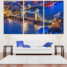 Load image into Gallery viewer, Tower Bridge Canvas Wall Art England Blue River Thames Ships  3 Piece Canvas Print London Yellow Bridge Cityscape Canvas Artwork In Living Room
