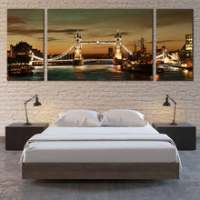 Load image into Gallery viewer, Tower Bridge Canvas Wall Art James River London Triptych Canvas Set Brown Cityscape Split Canvas Yellow Lights City Bridge Bedoom 3 Piece Canvas Print In Bedroom
