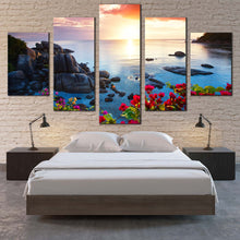Load image into Gallery viewer, Tranquil  Beach  Canvas  Print  Koh  Samui  Island  Yellow  Sunset  Multi  Canvas  Blue  Ocean  Mountains  Rocks    5  Piece  Canvas  Wall  Art  Thailand  Red  Flowers  Sea  Canvas  Set For Your Bedroom
