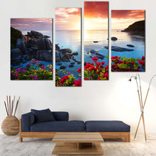 Load image into Gallery viewer, Tranquil Beach Canvas Print Koh Samui Island Yellow Sunset Multi Canvas Blue Ocean Mountains Rocks  4 Piece Canvas Wall Art Thailand Red Flowers Sea Canvas Set 
