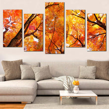 Load image into Gallery viewer, Tree Branches Canvas Print Looking Up Yellow Orange Trees  5 Piece Canvas Wall Art Looking Up Forest Sky Multi Canvas Artwork
