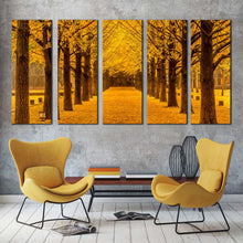 Load image into Gallery viewer, Trees Scenery Canvas Wall Art Brown Trees Autumn Road 5 Piece Canvas Set Orange Forest Path Canvas Print For Living room
