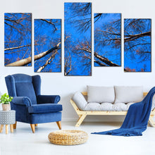 Load image into Gallery viewer, Trees Branches Canvas Wall Art Looking Up Blue Sky  5 Piece Canvas Brown Trees Autumn Canvas Print In Living Room
