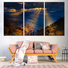 Load image into Gallery viewer, Trees Landscape Canvas Wall Art Cloudy Blue Smoky Mountain Canvas Print Yellow Sunbeams Mountains Scenery Living Room 3 Piece Canvas In Living Room
