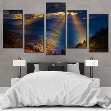 Load image into Gallery viewer, Trees Landscape Canvas Wall Art Dramatic Cloudy Blue Smoky Mountain Canvas Print Yellow Sunbeams Mountains Scenery  5 Piece Canvas For Your Bedroom
