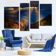 Load image into Gallery viewer, Trees Landscape Canvas Wall Art Dramatic Cloudy Blue Smoky Mountain Canvas Print Yellow Sunbeams Scenery  4 Piece Canvas
