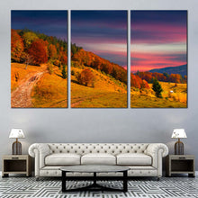 Load image into Gallery viewer, Trees Mountain Canvas Wall Art Blue Clouds Landscape Triptych Canvas Orange Autumn Landscape Scenery  3 Piece Canvas Print In Living Room
