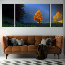 Load image into Gallery viewer, Trees Scenery Canvas Print Blue Sky Sun Beam Landscape  3 Piece Canvas Wall Art Golden Orange Trees Majestic Scenery Multi Panel Canvas In Living Room
