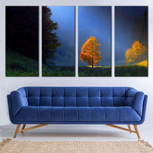 Load image into Gallery viewer, Trees Scenery Canvas Print Blue Sky Sun Beam Landscape  4 Piece Canvas Wall Art Golden Orange Trees Majestic Scenery Multi Panel Canvas In Living room
