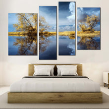 Load image into Gallery viewer, Trees Scenery Canvas Wall Art Blue Cloudy Sky Lake Nature Canvas Set Green Trees Water Reflection Scenery  4 Piece Canvas Print
