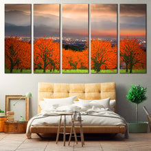 Load image into Gallery viewer, Trees Scenery Canvas Wall Art Green Grass Trees Landscape Split Canvas Orange Sunset Sky Cityscape  5 Piece Canvas Print For Your Bedroom

