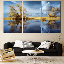 Load image into Gallery viewer, Trees Scenery Canvas Wall Art Green Trees Water Reflection Scenery  3 Piece Canvas Print In Living Room
