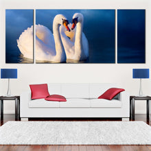 Load image into Gallery viewer, Triptych canvas print Beautiful White Swans in Love Grey Background For Living Room
