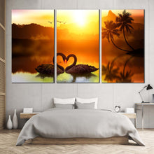 Load image into Gallery viewer, Triptych canvas print Beautiful black Swans red beak at sunset For Bedroom
