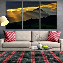 Load image into Gallery viewer, Triptych pictures Of Amazing Mountains Landscape Sunrays Clouds Magical Scenery Sunset 3 panel Landscape decor For Living Room
