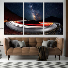 Load image into Gallery viewer, Triptych stars night colourful cars light trails canvas print In Living room
