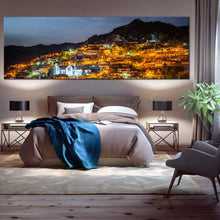 Load image into Gallery viewer, Troodos Mountains Canvas Wall Art Orange Village at Night 1 Piece Canvas Grey Sky Village Mountains Canvas Print For Bedroom
