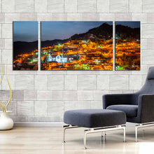 Load image into Gallery viewer, Troodos Mountains Canvas WallArt Orange Village at Night 3 Piece Multiple Canvas Grey Sky Village Mountains Triptych Canvas Print For Living Room
