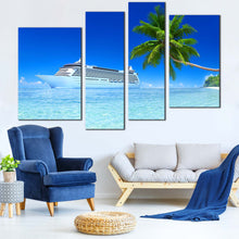 Load image into Gallery viewer, Tropical Island Canvas Wall Art White Cruise Ship Sea Beach 4 Piece Multi Panel Canvas Blue Sky Seascape Canvas Print 
