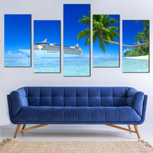 Load image into Gallery viewer, Tropical Island Canvas Wall Art White Cruise Ship Sea Beach 5 Piece Multi Panel Canvas Blue Sky Seascape Canvas Print In Your Living Room
